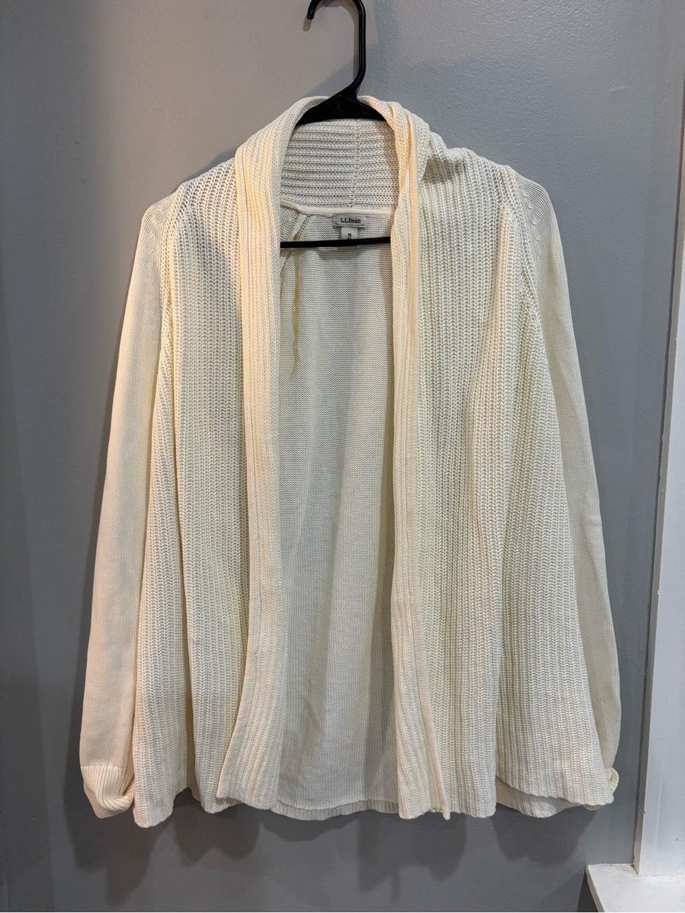 LL Bean Open Front Knit Cardigan Sweater Cream Long Sleeve Outdoor M Shawl